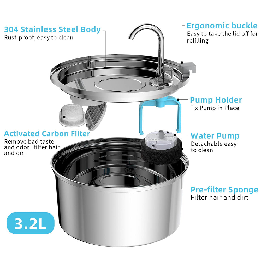 Stainless Steel Cat Water Fountain - Ultra Quiet, 3L Capacity