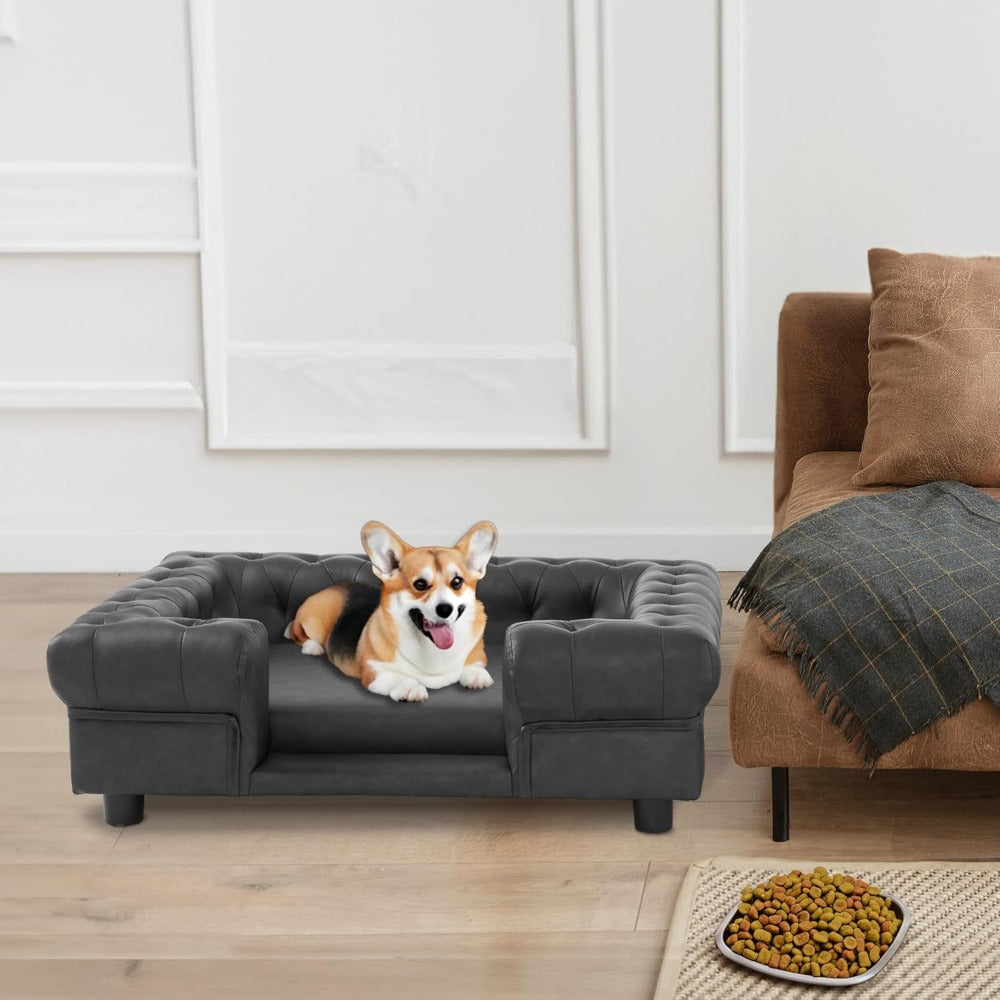 Faux Leather Dog Couch with Stairs - Elegant Pet Bed Sofa