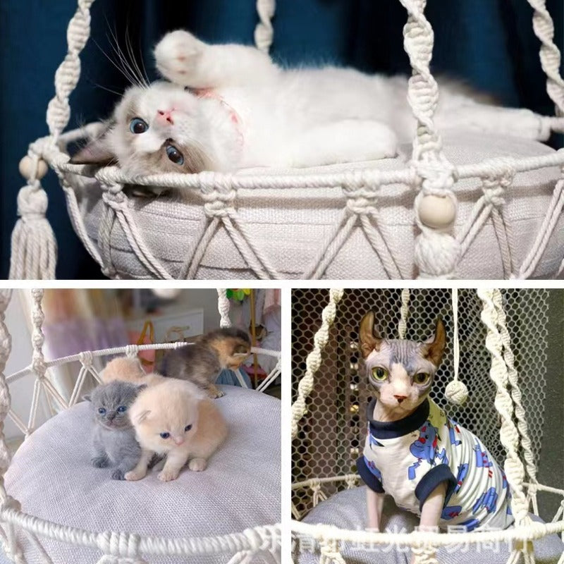 Cat Hammock Swing - Handwoven Cat Window Perch Hammock Cotton Rope Hanging Basket