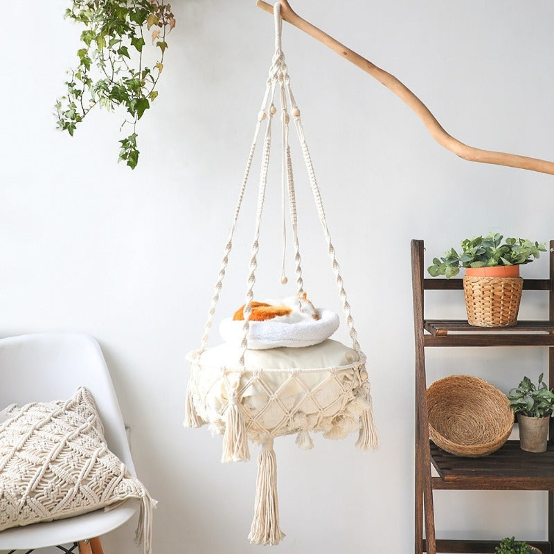 Cat Hammock Swing - Handwoven Cat Window Perch Hammock Cotton Rope Hanging Basket