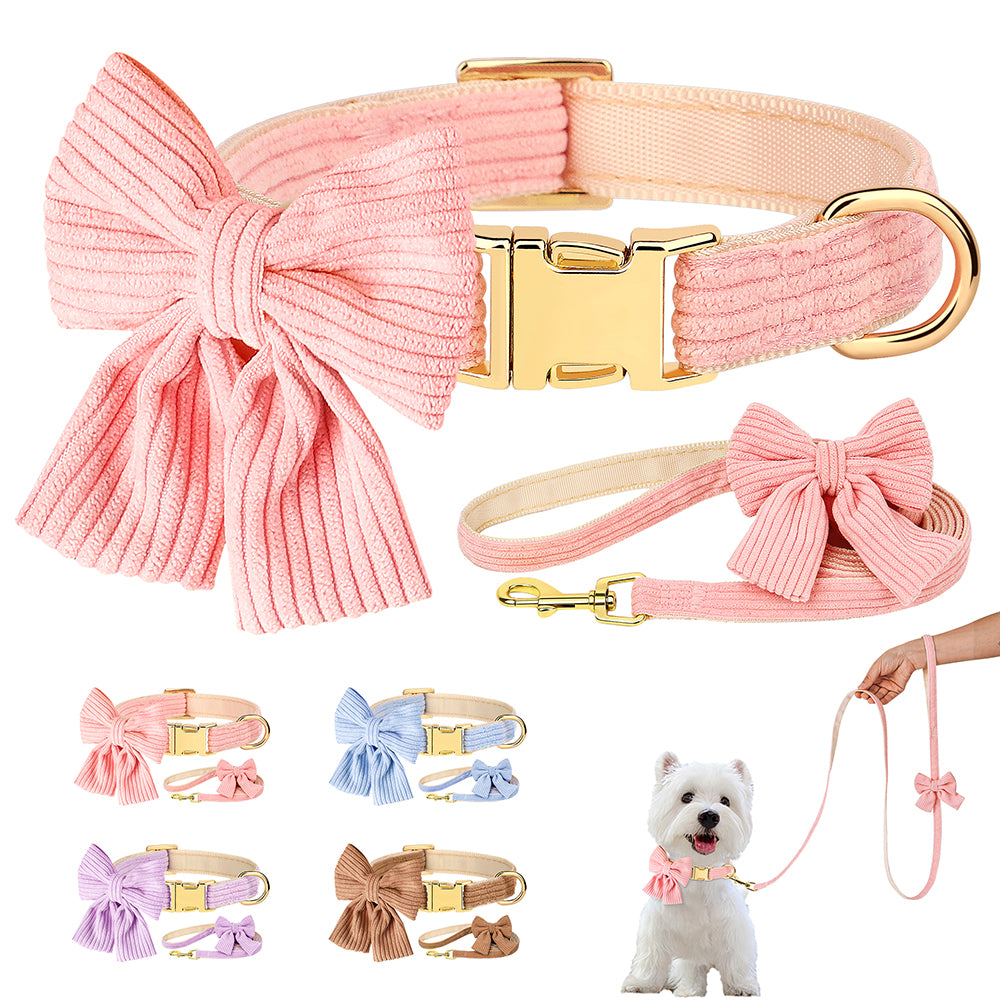 Soft Velvet Dog Collar and Leash Set with Bow – Adjustable for Small and Medium Dogs
