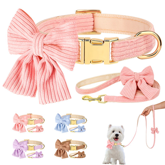 Soft Velvet Dog Collar and Leash Set with Bow – Adjustable for Small and Medium Dogs