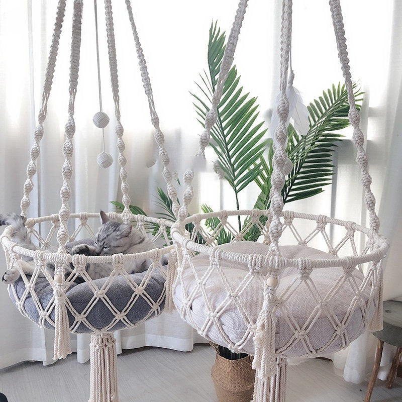 Cat Hammock Swing - Handwoven Cat Window Perch Hammock Cotton Rope Hanging Basket