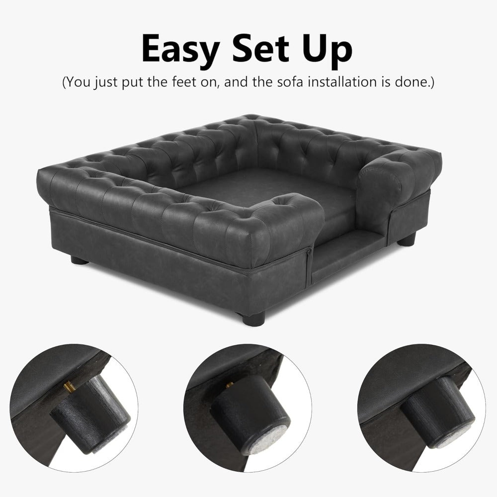 Faux Leather Dog Couch with Stairs - Elegant Pet Bed Sofa