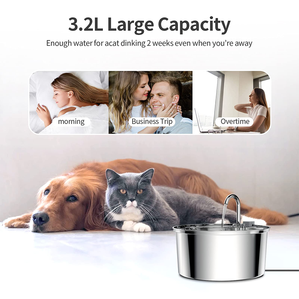 Stainless Steel Cat Water Fountain - Ultra Quiet, 3L Capacity