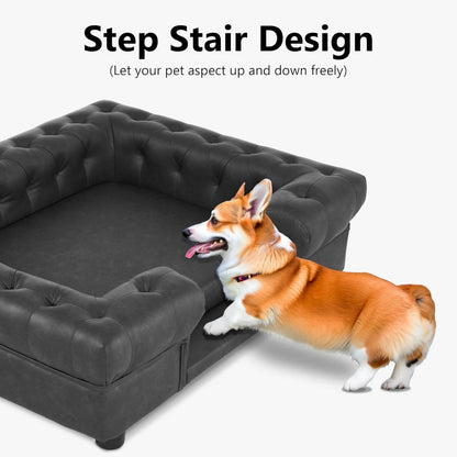 Faux Leather Dog Couch with Stairs - Elegant Pet Bed Sofa