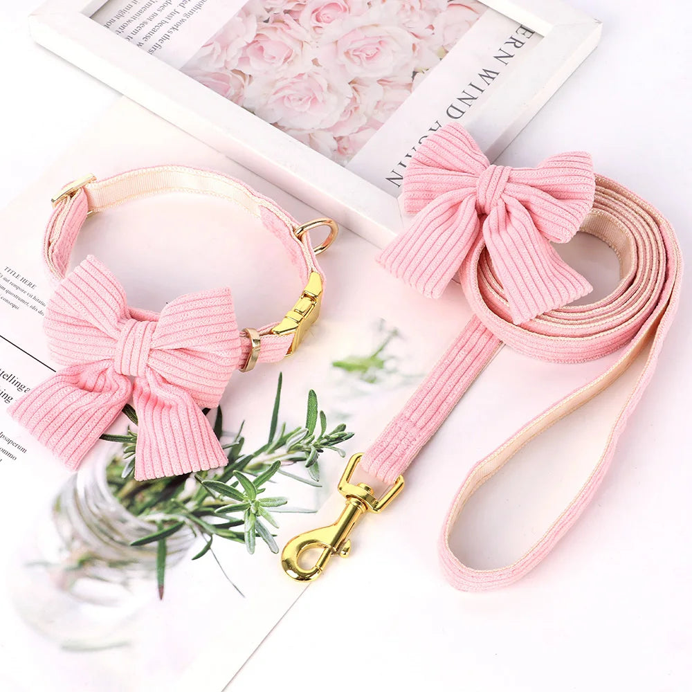 Soft Velvet Dog Collar and Leash Set with Bow – Adjustable for Small and Medium Dogs