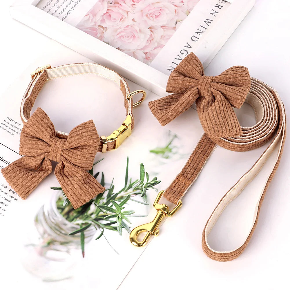 Soft Velvet Dog Collar and Leash Set with Bow – Adjustable for Small and Medium Dogs