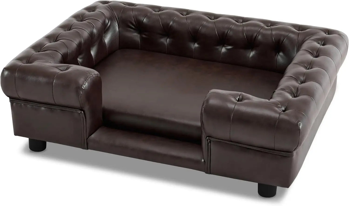 Faux Leather Dog Couch with Stairs - Elegant Pet Bed Sofa