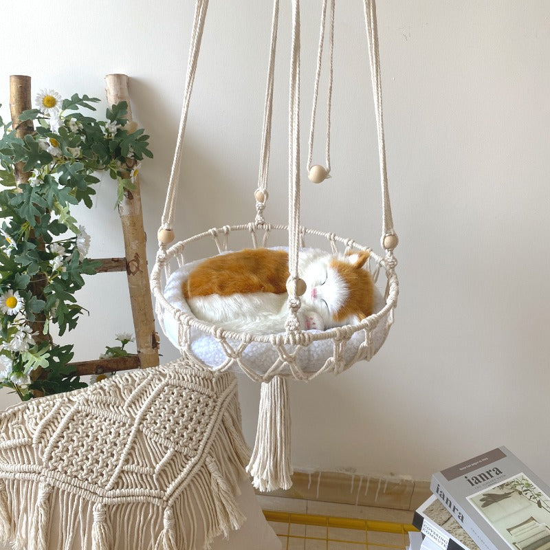 Cat Hammock Swing - Handwoven Cat Window Perch Hammock Cotton Rope Hanging Basket