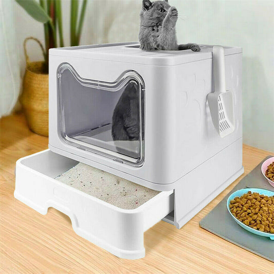 Large Foldable Cat Litter Box with Lid & Scoop