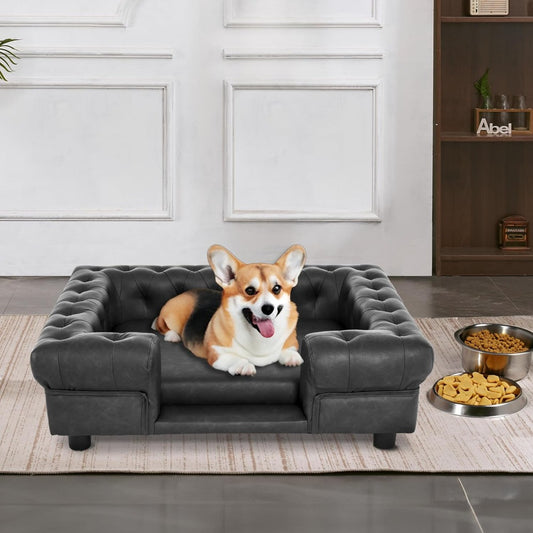 Faux Leather Dog Couch with Stairs - Elegant Pet Bed Sofa