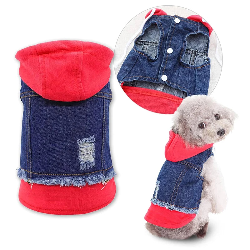 Dog Attire Jeans Jacket Hooded Denim Coat for Small Medium Pets
