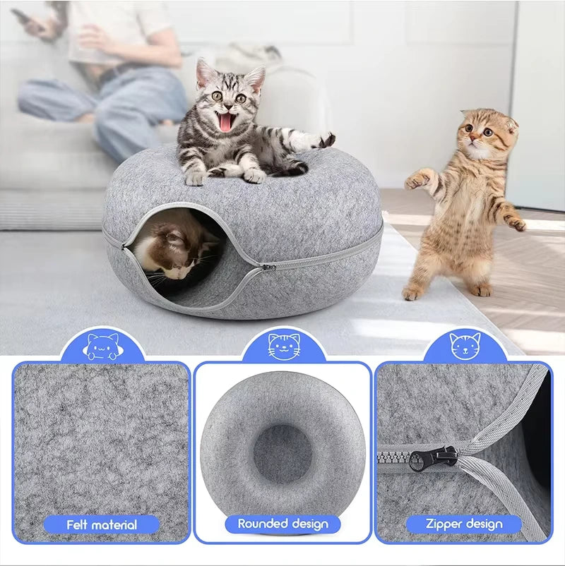 Donut Cat Tunnel Bed – Interactive Felt Tunnel and Sleeping Nest for Cats